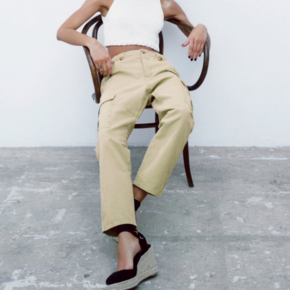 NWT ZARA WIDE LEG MID RISE LOOSE FIT PANTS Beige - Picture 6 of 11